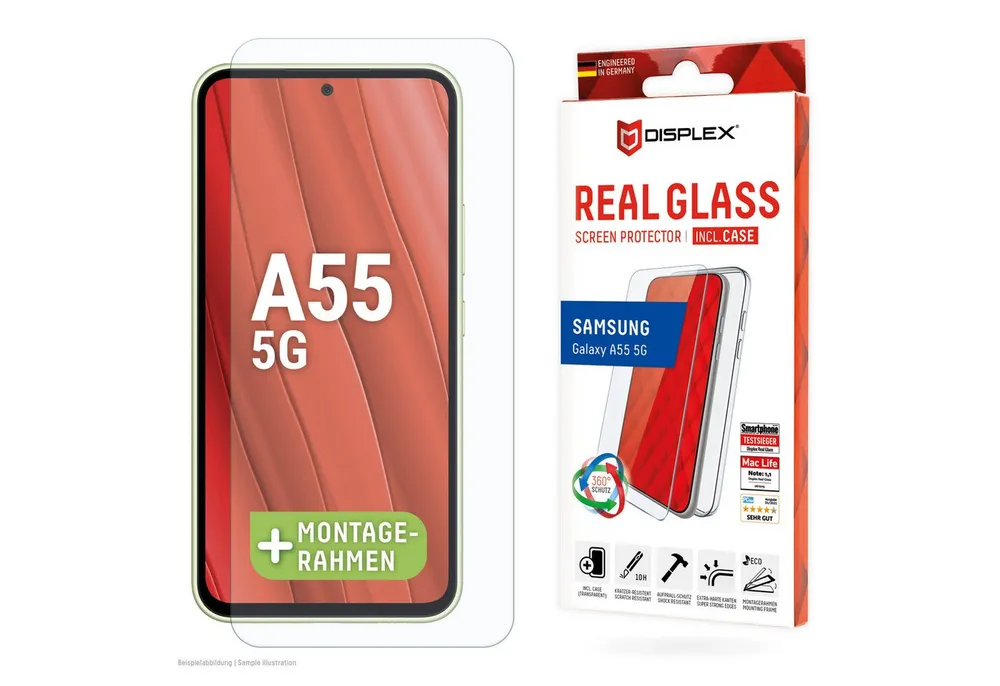 Displex Displayschutzglas Real Glas Screen Protector incl. Case für Samsung Galaxy A55 5G für Samsung Galaxy A55 5G, Displayschutzglas + Case, 1 Stück