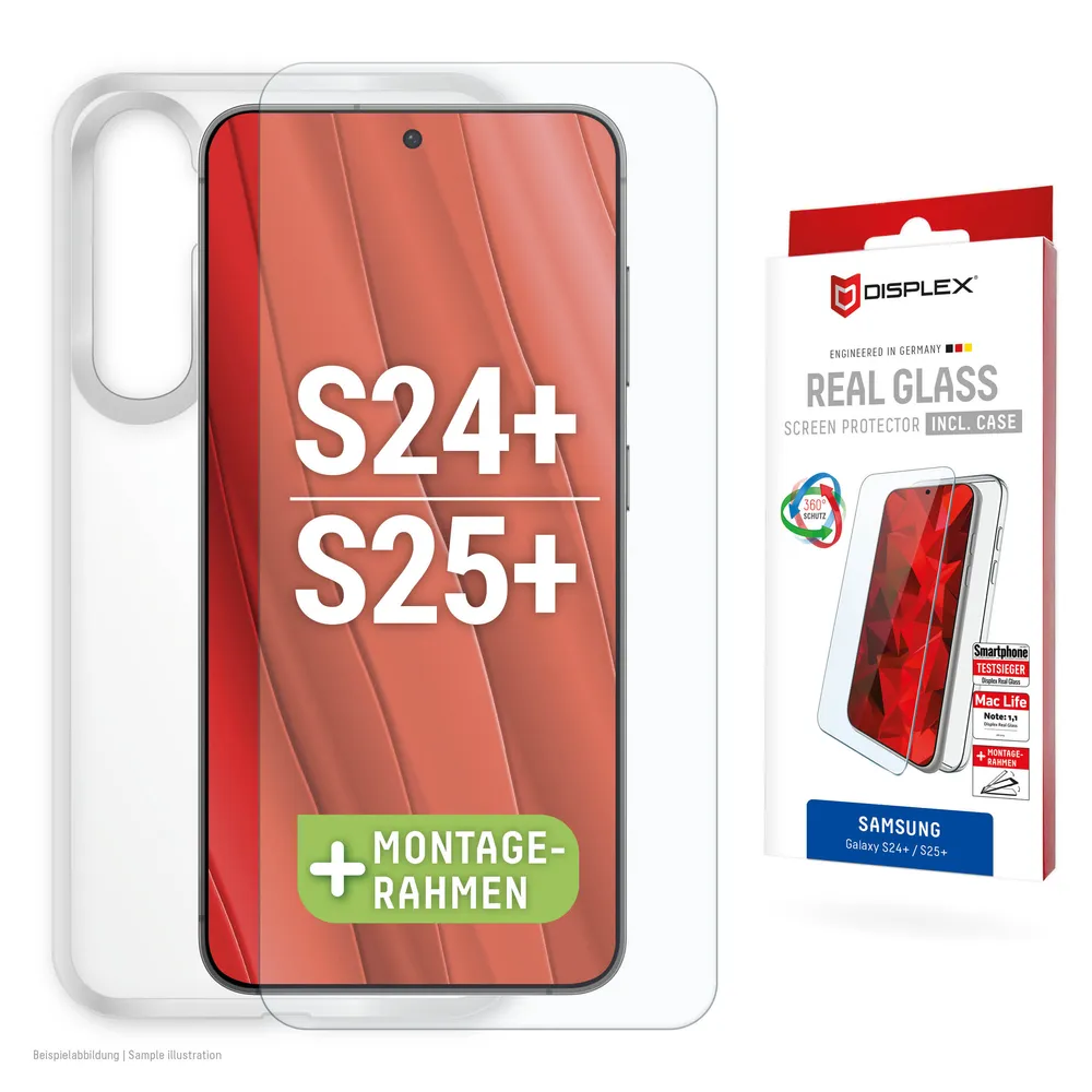 Displex Displayschutzglas Real Glass + Case für Samsung Galaxy S24+, Samsung Galaxy S25+, Displayschutzfolie Displayschutz Rundumschutz 360 Grad splitterfest
