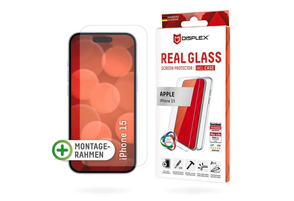 Displex Displayschutzglas Real Glass + Case für Apple iPhone 15, Displayschutzfolie Displayschutz Rundumschutz 360 Grad splitterfest