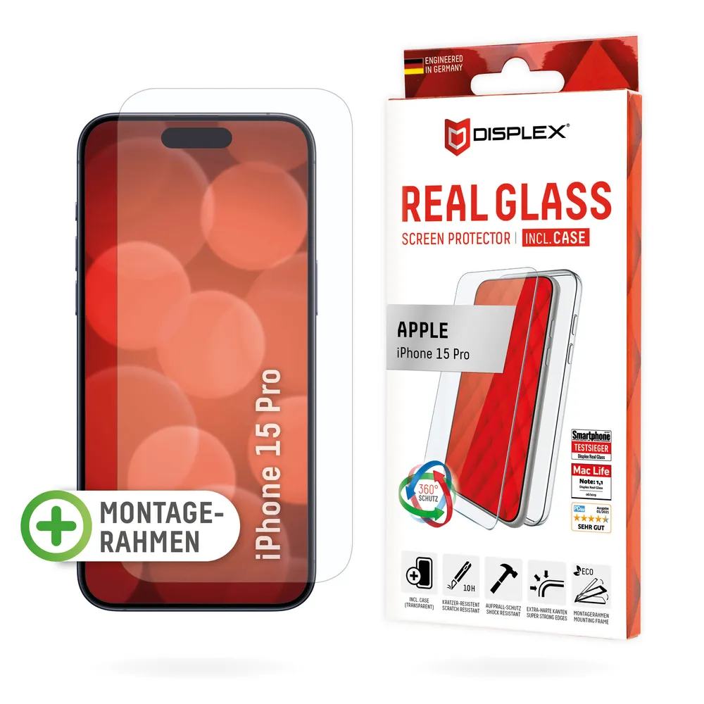 Displex Displayschutzglas Real Glass + Case für Apple iPhone 15 Pro, Displayschutzfolie Displayschutz Rundumschutz 360 Grad splitterfest