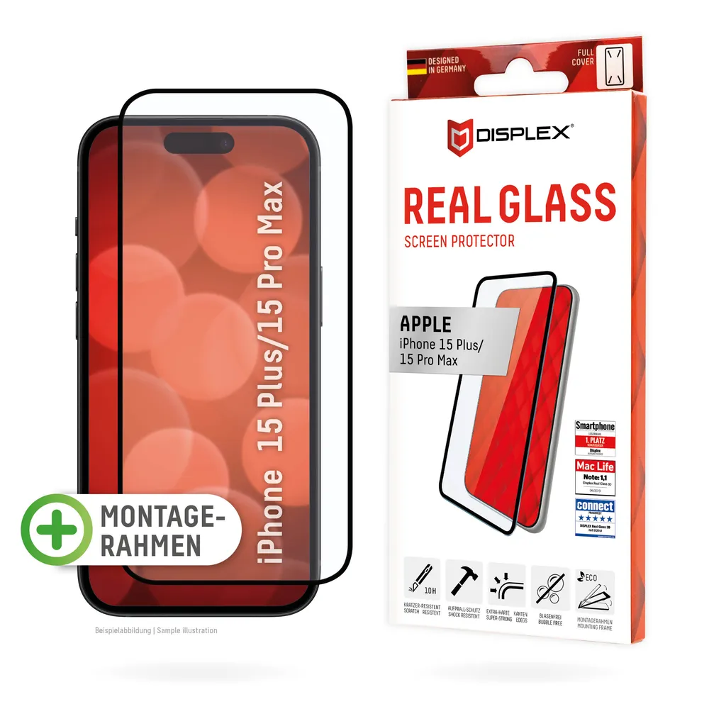 Displex Displayschutzglas Real Glass FC für Apple iPhone 15 Plus, Apple iPhone 15 Pro Max, Displayschutzfolie Displayschutz kratzer-resistent 10H splitterfest
