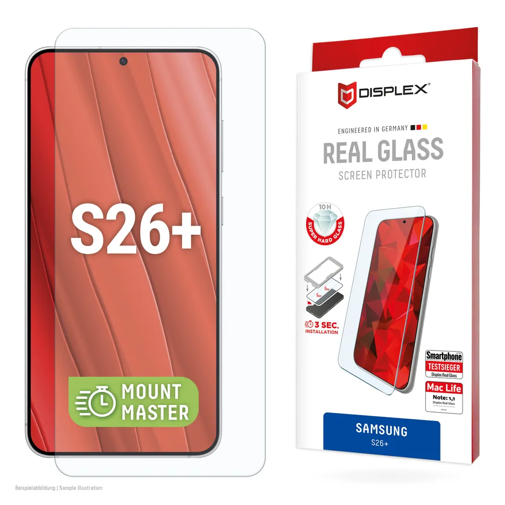Displex Displayschutzglas Real Glass Screen Protector mit MountMaster für Samsung Galaxy S26+, Displayschutzfolie, Schutzfolie, Bildschirmschutz, kratz- & stoßfest