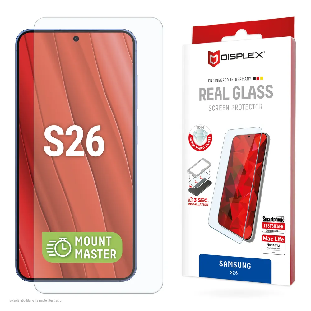Displex Displayschutzglas Real Glass Screen Protector mit MountMaster für Samsung Galaxy S26, Displayschutzfolie, Schutzfolie, Bildschirmschutz, kratz- & stoßfest