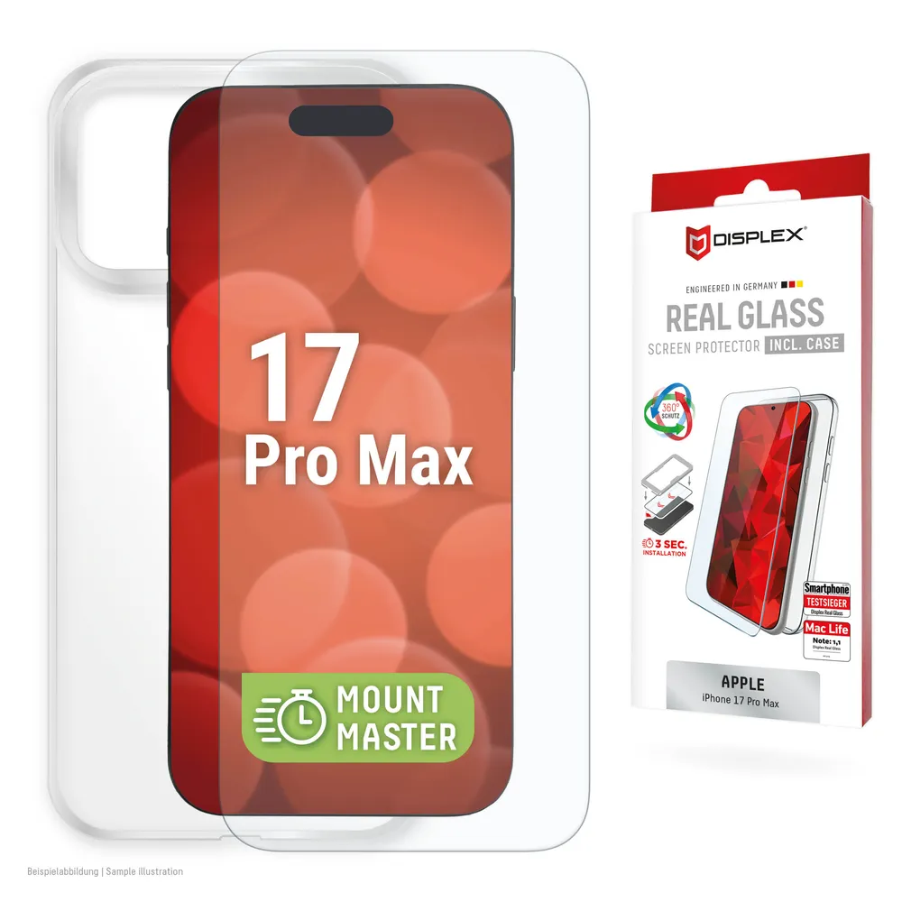 Displex Displayschutzglas Real Glass Screen Protector + Case mit EASY-ON MountMaster für Apple iPhone 17 Pro Max, Displayschutzfolie, Schutzfolie, Bildschirmschutz, kratz- & stoßfest