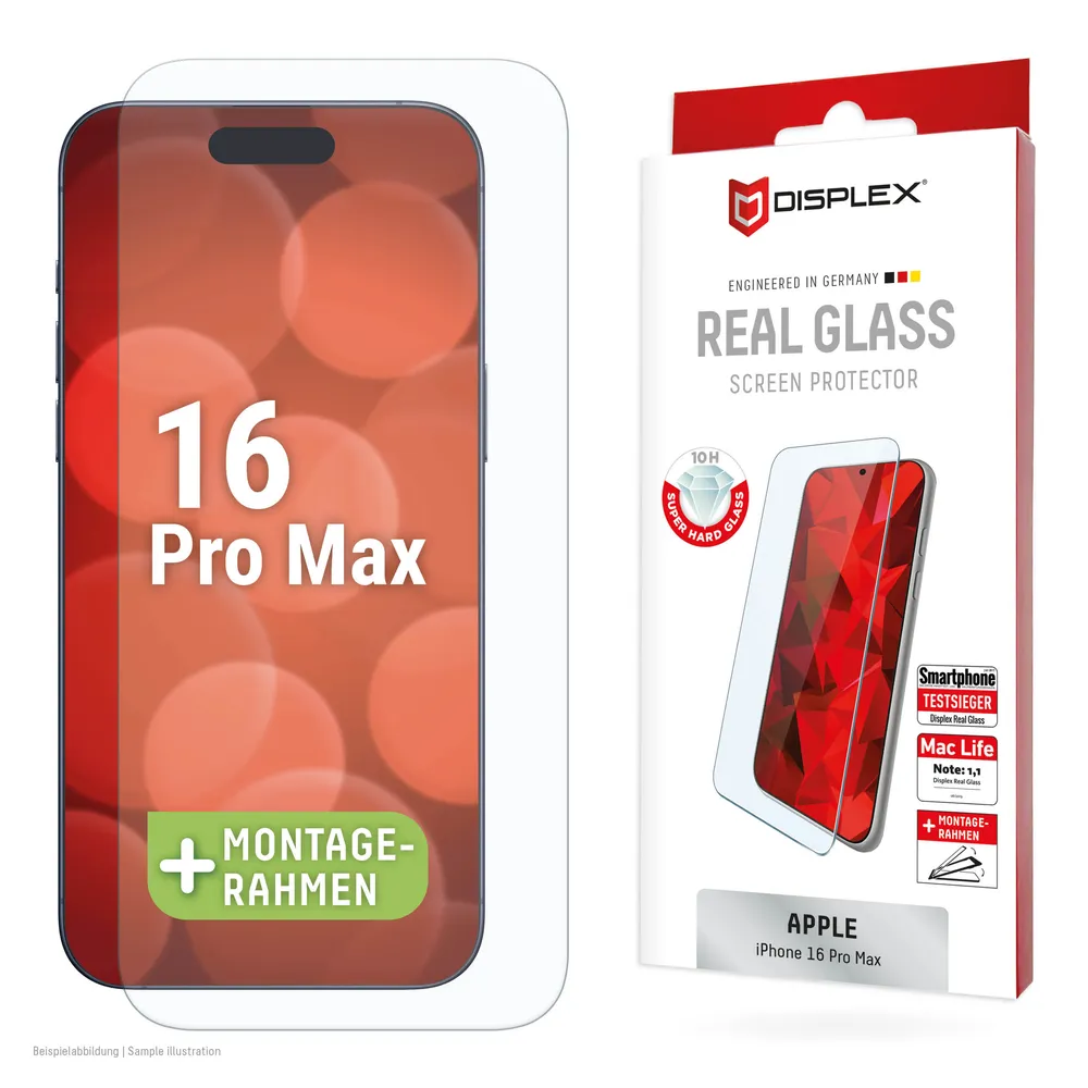 Displex Displayschutzglas Real Glass Screen Protection für Apple iPhone 16 Pro Max, Displayschutzfolie, Schutzfolie, Bildschirmschutz, kratz- & stoßfest