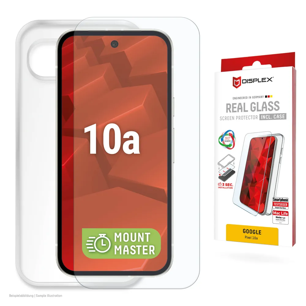 Displex Displayschutzglas Real Glass Screen Protector inkl. Case mit MountMaster für Google Pixel 10a, Displayschutzfolie, Schutzfolie, Bildschirmschutz, kratz- & stoßfest