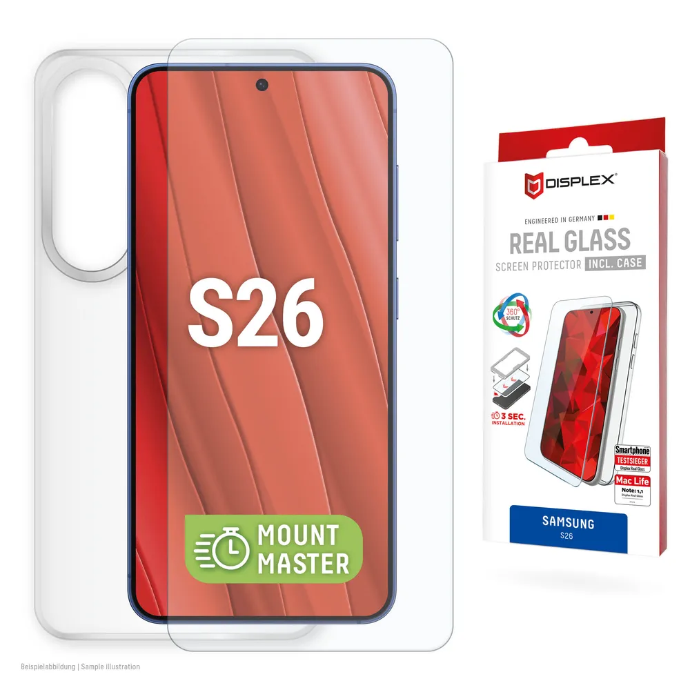 Displex Displayschutzglas Real Glass Screen Protector inkl. Case mit MountMaster für Samsung Galaxy S26, Displayschutzfolie, Schutzfolie, Bildschirmschutz, kratz- & stoßfest