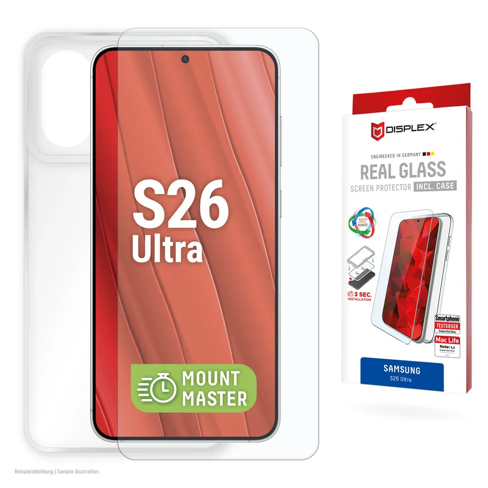 Displex Displayschutzglas Real Glass Screen Protector inkl. Case mit MountMaster für Samsung Galaxy S26 Ultra, Displayschutzfolie, Schutzfolie, Bildschirmschutz, kratz- & stoßfest