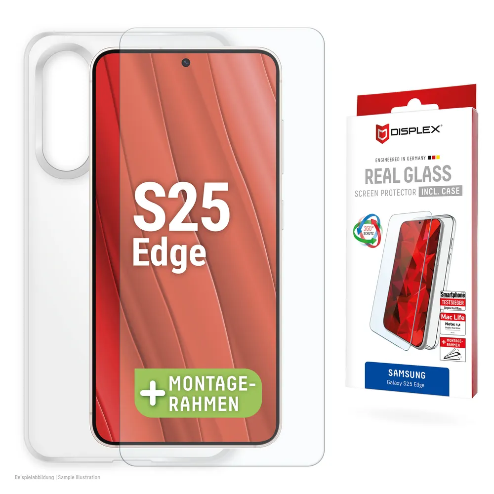 Displex Displayschutzglas Real Glass Screen Protector inkl. Case für Samsung Galaxy S25 Edge, Displayschutzfolie, Schutzfolie, Bildschirmschutz, kratz- & stoßfest