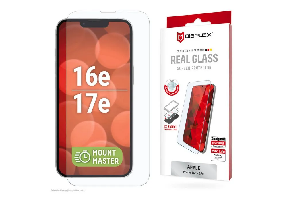 Displex Displayschutzglas Real Glass Screen Protector mit EASY-ON MountMaster für Apple iPhone 16e