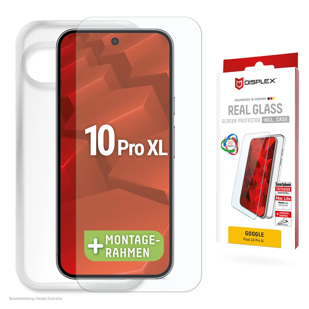 Displex Displayschutzglas Real Glass Screen Protector inklusive Case für Google Pixel 10 Pro XL, Displayschutzfolie, Schutzfolie, Bildschirmschutz, kratz- & stoßfest