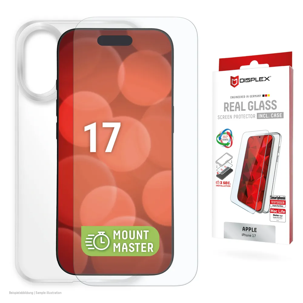 Displex Displayschutzglas Real Glass Screen Protector + Case mit EASY-ON MountMaster für Apple iPhone 17, Displayschutzfolie, Schutzfolie, Bildschirmschutz, kratz- & stoßfest