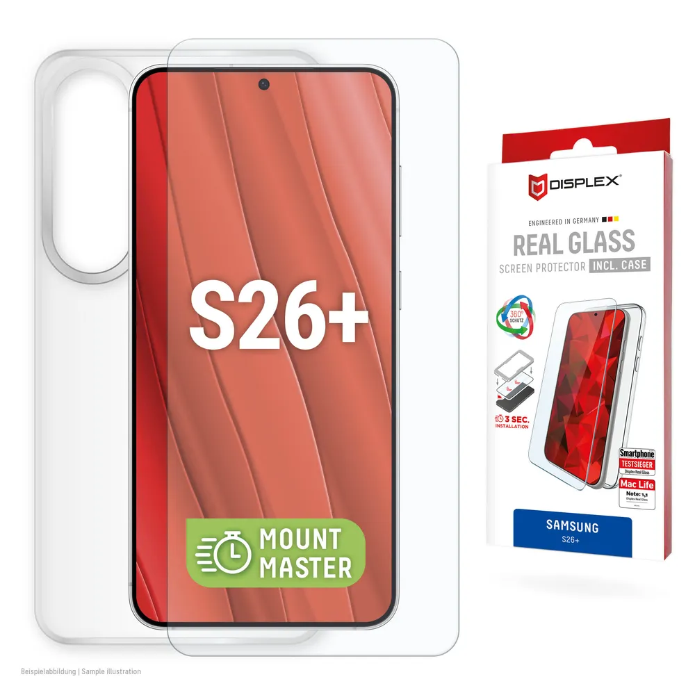 Displex Displayschutzglas Real Glass Screen Protector inkl. Case mit MountMaster für Samsung Galaxy S26+, Displayschutzfolie, Schutzfolie, Bildschirmschutz, kratz- & stoßfest