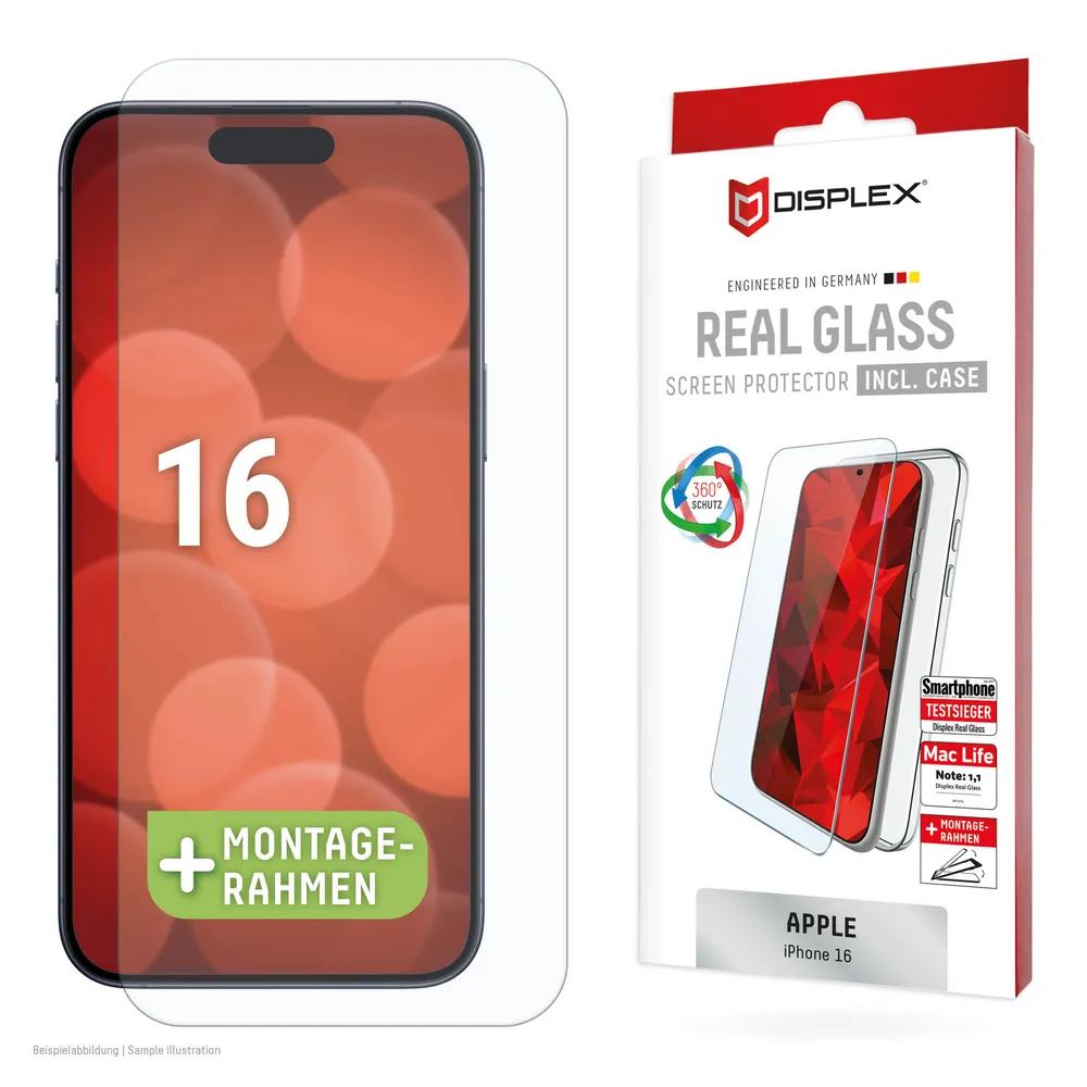 Displex Displayschutzglas Real Glass Screen Protection + Case für Apple iPhone 16, Displayschutzfolie, Schutzfolie, Bildschirmschutz, kratz- & stoßfest
