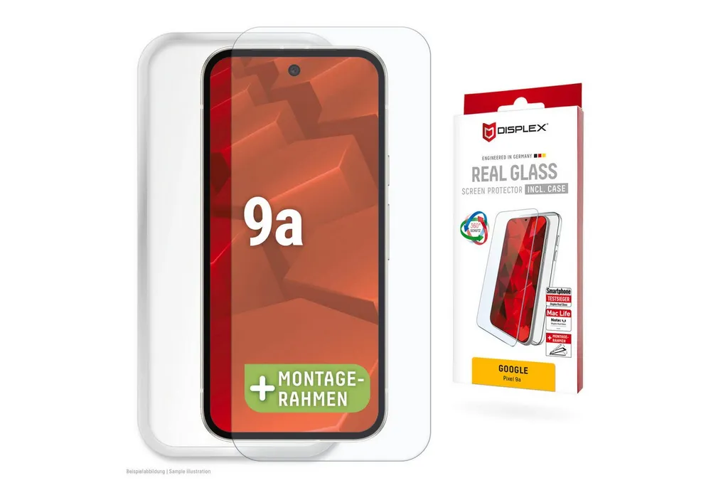 Displex Displayschutzglas Real Glass Screen Protector inklusive Case für Google Pixel 9a, Displayschutzfolie, Schutzfolie, Bildschirmschutz, kratz- & stoßfest