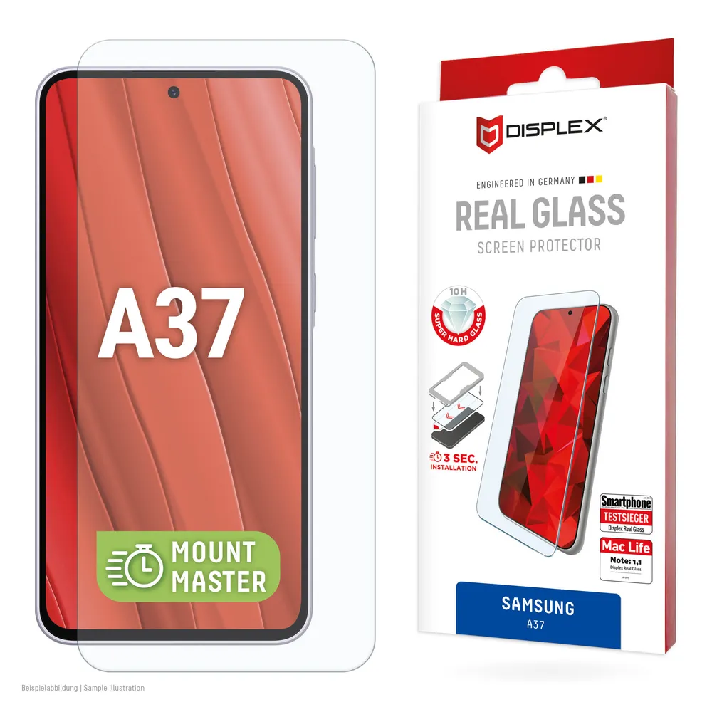 Displex Displayschutzglas Real Glass Screen Protector mit EASY-ON MountMaster für Samsung Galaxy A37, Displayschutzfolie, Schutzfolie, Bildschirmschutz, kratz- & stoßfest