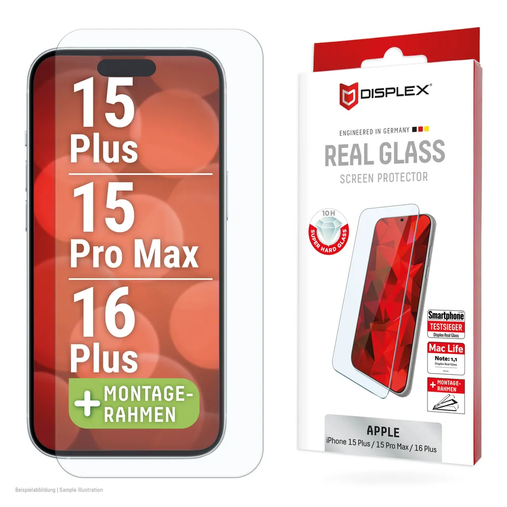 Displex Displayschutzglas Real Glass Screen Protection für Apple iPhone 15 Plus, Apple iPhone 15 Pro Max, Apple iPhone 16 Plus, Displayschutzfolie, Schutzfolie, Bildschirmschutz, kratz- & stoßfest