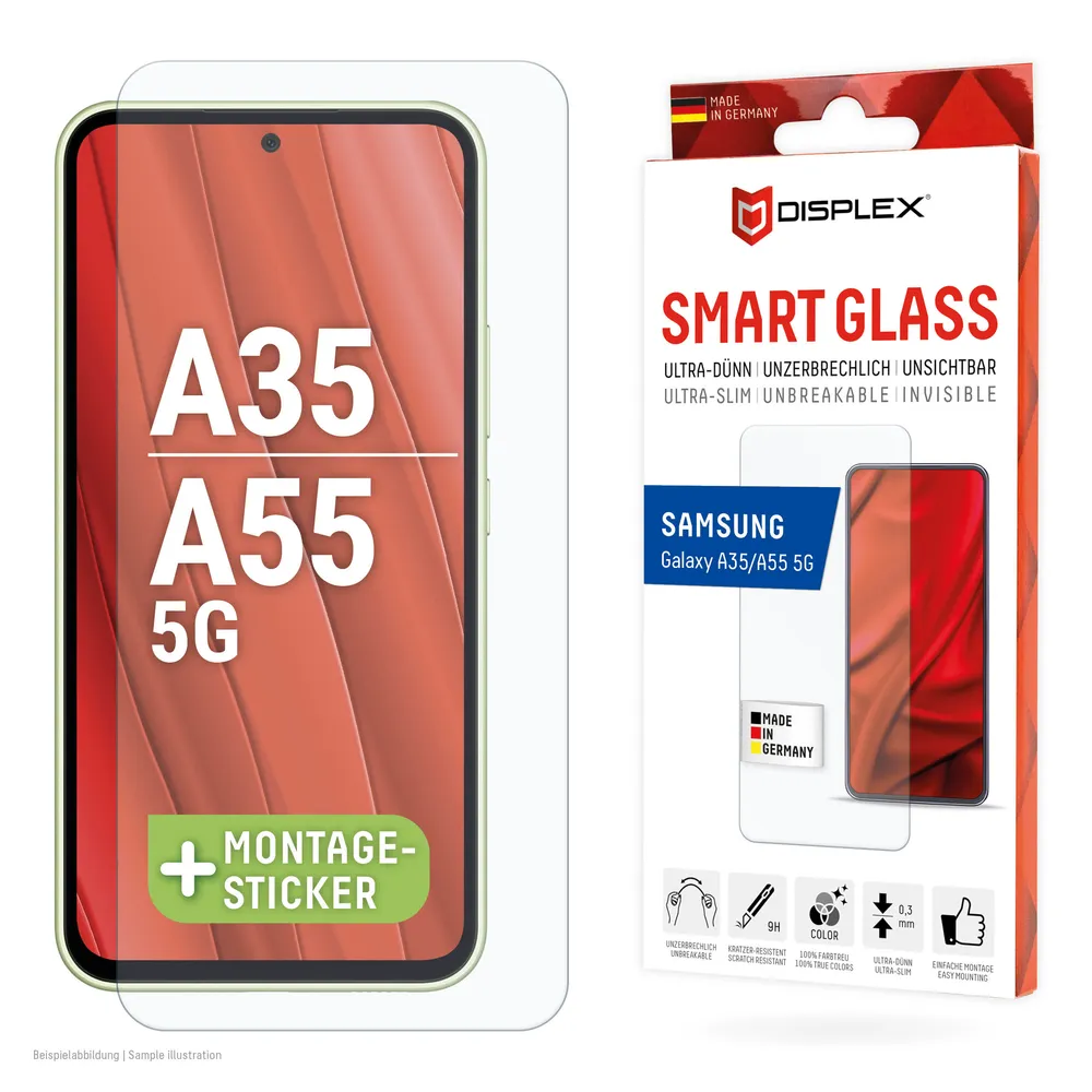 Displex Displayschutzglas Smart Glass für Samsung Galaxy A35, Samsung Galaxy A55 5G, 1 Stück, Bildschirmschutz, Displayschutzfolie,Einfach anbringen,kratz-&stoßfest