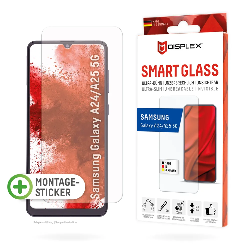 Displex Displayschutzglas Smart Glass für Samsung Galaxy A24/A25, Displayschutzfolie, Schutzfolie, Bildschirmschutz, kratz- & stoßfest