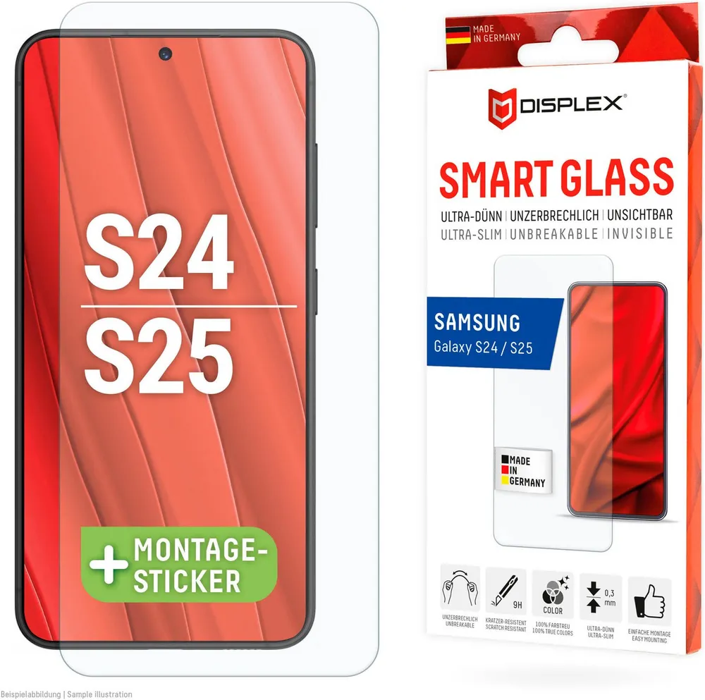Displex Displayschutzglas Smart Glass für Samsung Galaxy S24, Samsung Galaxy S25, Displayschutzfolie Displayschutz kratzer-resistent 9H unzerbrechlich