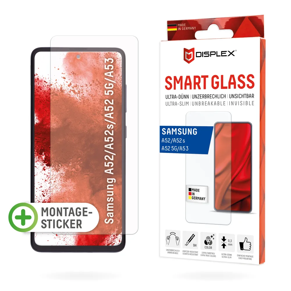 Displex Displayschutzglas Smart Glass - Samsung A52/A52(s) 5G/A53 5G, Displayschutzfolie Displayschutz kratzer-resistent 9H unzerbrechlich