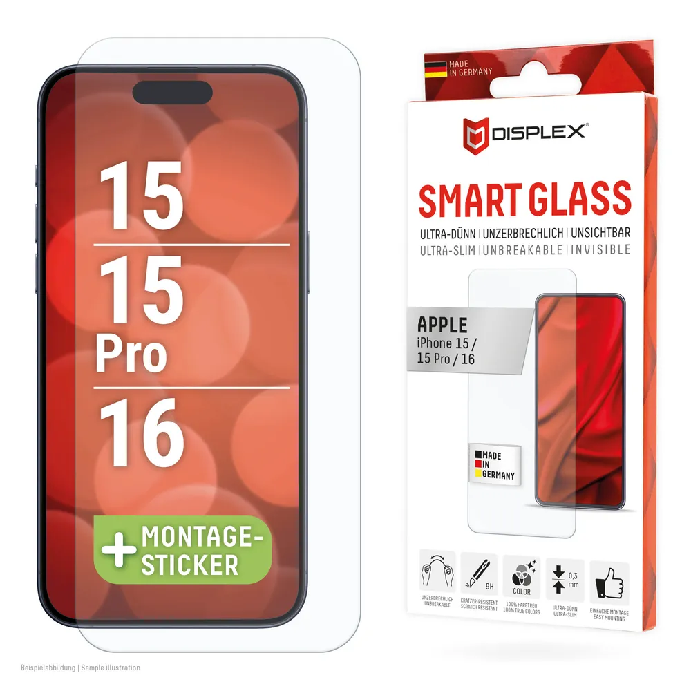 Displex Displayschutzglas Smart Glass Screen Protection für Apple iPhone 15, Apple iPhone 15 Pro, Apple iPhone 16, Displayschutzfolie, Schutzfolie, Bildschirmschutz, kratz- & stoßfest