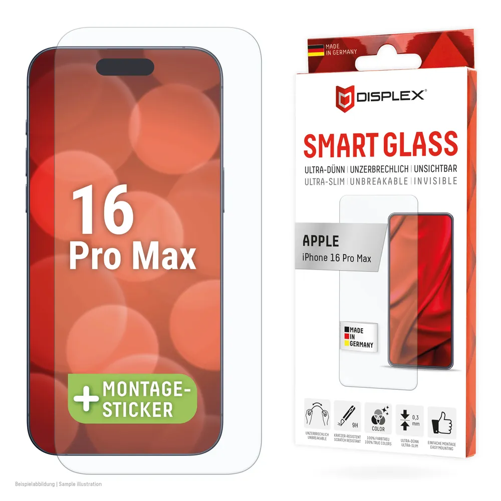 Displex Displayschutzglas Smart Glass Screen Protection für Apple iPhone 16 Pro Max, Displayschutzfolie, Schutzfolie, Bildschirmschutz, kratz- & stoßfest