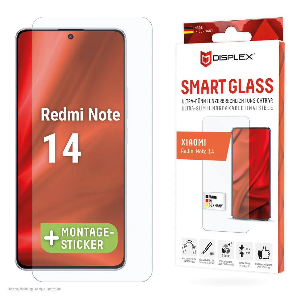Displex Displayschutzglas Smart Glass Screen Protection - ultra-dünn, unzerbrechlich, unsichtbar für Xiaomi Redmi Note 14, Displayschutzfolie, Schutzfolie, Bildschirmschutz, kratz- & stoßfest