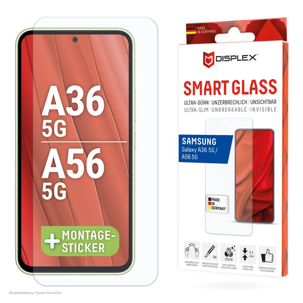 Displex Displayschutzglas Smart Glass Screen Protection - ultra-dünn, unzerbrechlich, unsichtbar für Samsung Galaxy A56, Displayschutzfolie, Schutzfolie, Bildschirmschutz, kratz- & stoßfest
