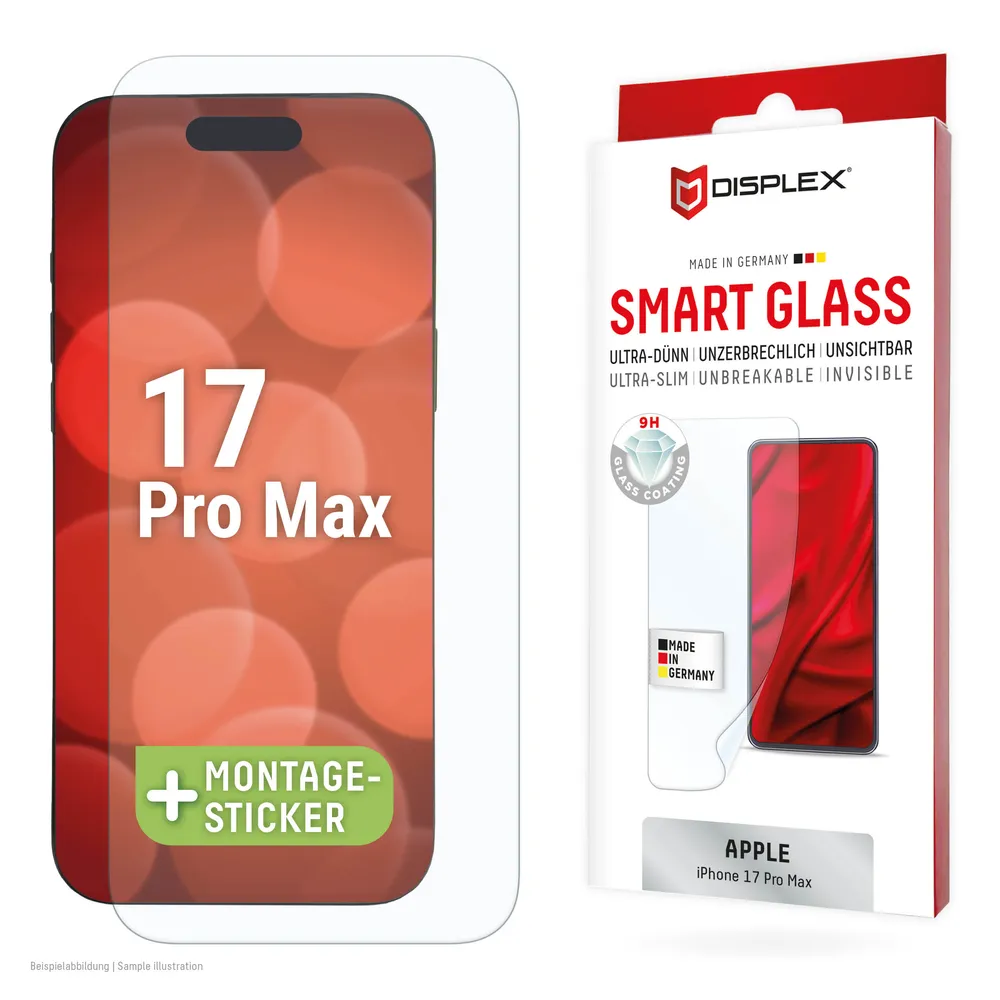 Displex Displayschutzglas Smart Glass Screen Protector für Apple iPhone 17 Pro Max, Displayschutzfolie, Schutzfolie, Bildschirmschutz, kratz- & stoßfest
