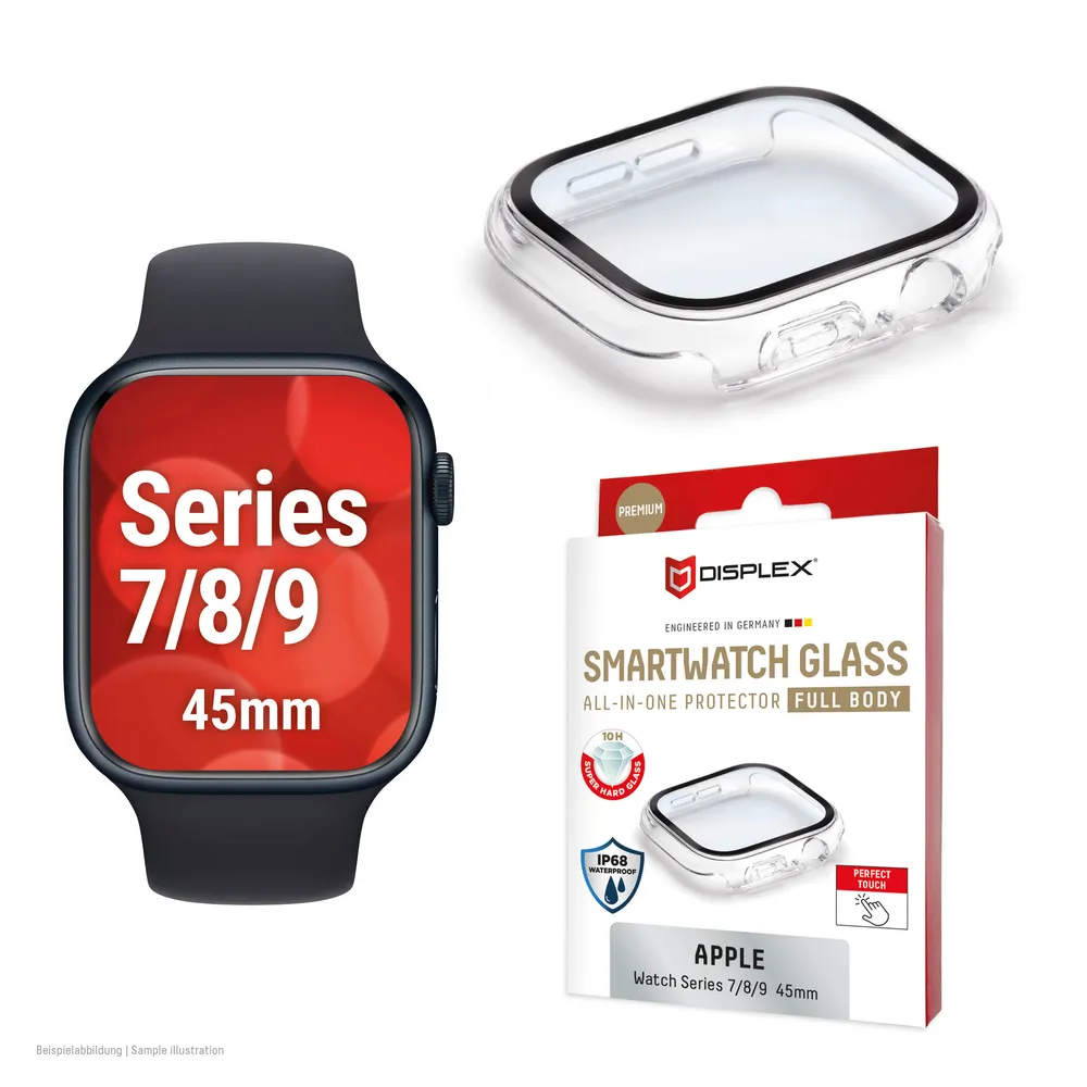 Displex Displayschutzglas Smartwatch Glass All-In-One Protector Full Body für Apple Watch Series 7 45 mm, Apple Watch Series 8 45 mm, Apple Watch Series 9 45 mm, Displayschutzfolie, Schutzfolie, Bildschirmschutz, kratz- & stoßfest