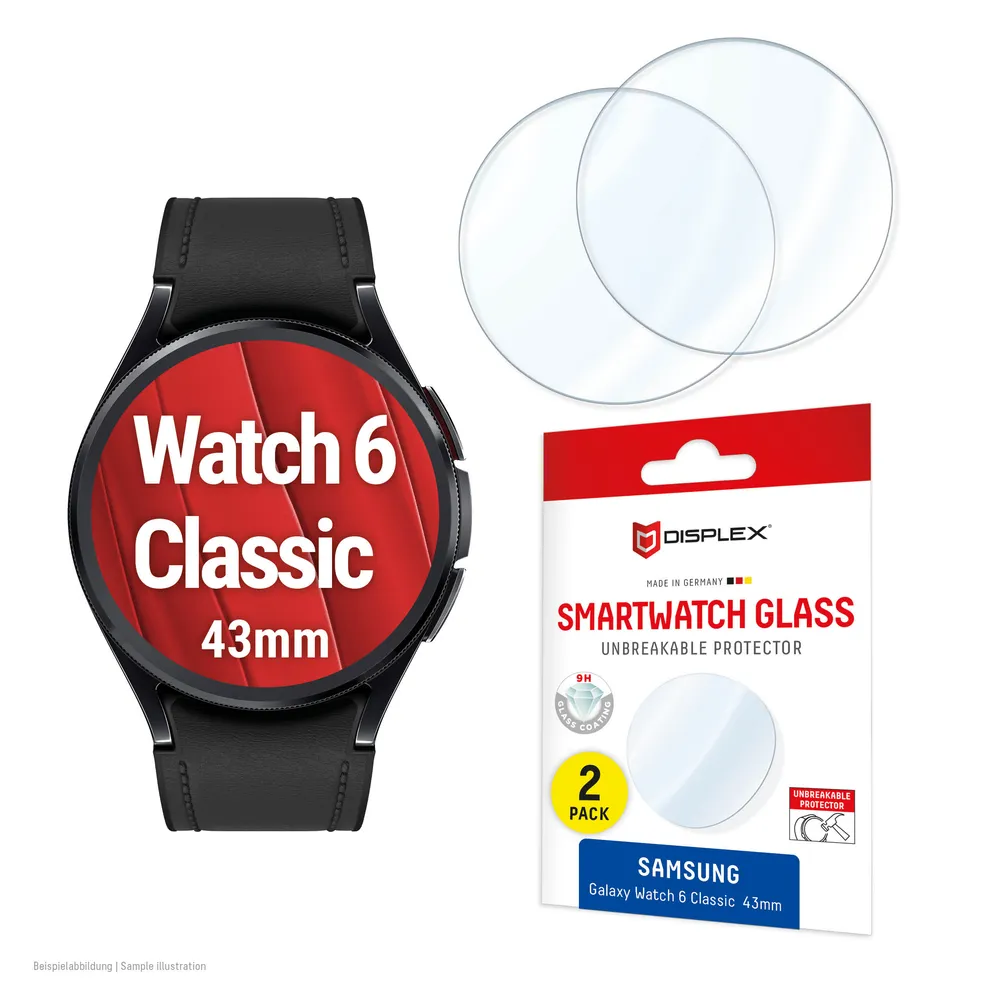 Displex Displayschutzglas Smartwatch Glass Unbreakable Protector für Samsung Galaxy Watch6 Classic 43 mm, Packung, Displayschutzfolie, Schutzfolie, Bildschirmschutz, kratz- & stoßfest