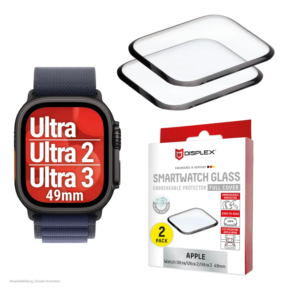 Displex Displayschutzglas Smartwatch Glass Unbreakable Protector Full Cover für Apple Watch Ultra 2 49 mm, Apple Watch Ultra 3 49 mm, Apple Watch Ultra 49 mm, Packung, Displayschutzfolie, Schutzfolie, Bildschirmschutz, kratz- & stoßfest