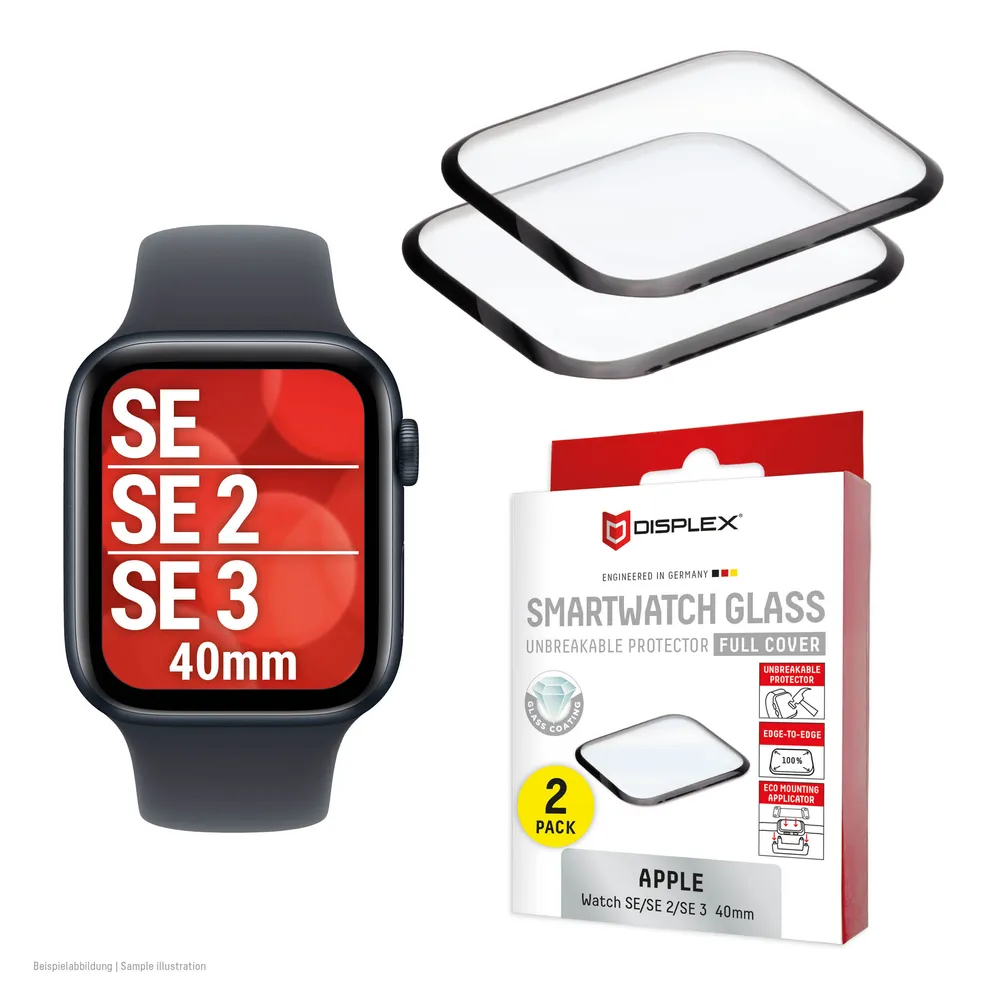 Displex Displayschutzglas Smartwatch Glass Unbreakable Protector Full Cover für Apple Watch SE 2 40 mm, Apple Watch SE 3 40 mm, Apple Watch SE 40 mm, Packung, Displayschutzfolie, Schutzfolie, Bildschirmschutz, kratz- & stoßfest
