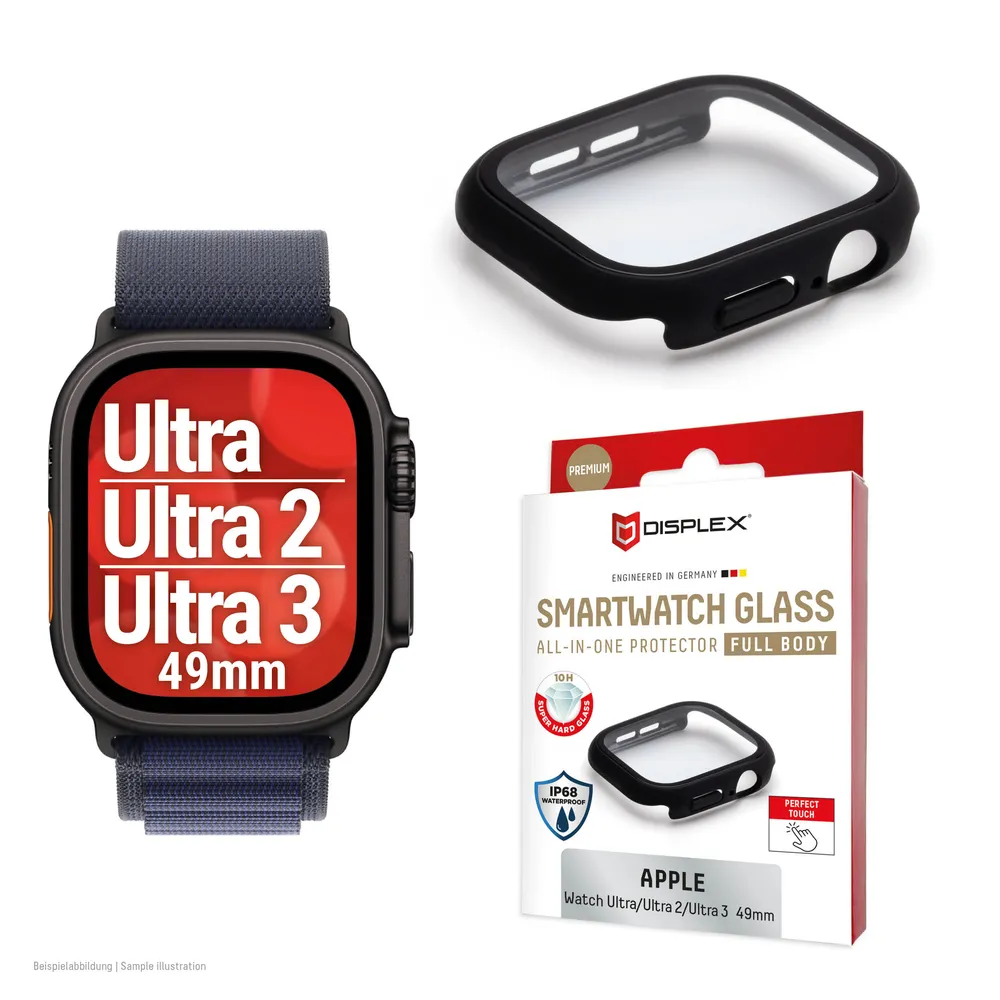 Displex Displayschutzglas Smartwatch Glass All-In-One Protector Full Body für Apple Watch Ultra 2 49 mm, Apple Watch Ultra 3 49 mm, Apple Watch Ultra 49 mm, Displayschutzfolie, Schutzfolie, Bildschirmschutz, kratz- & stoßfest