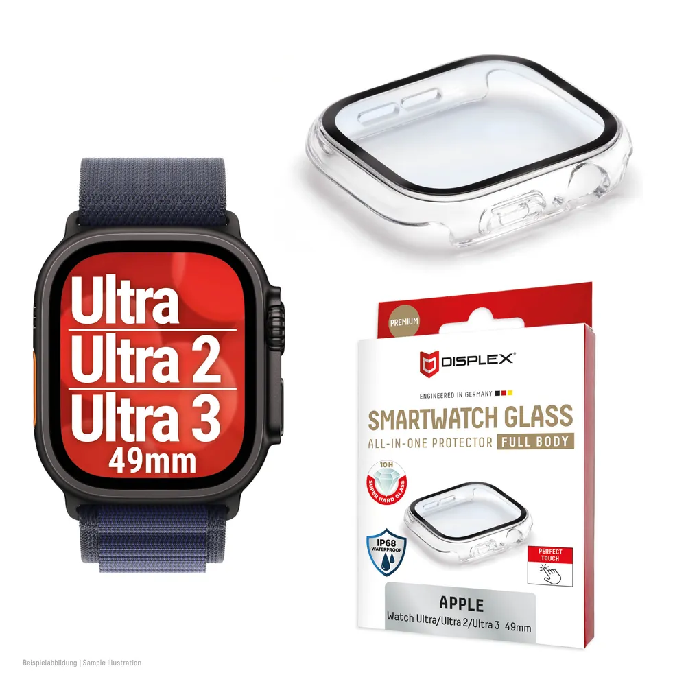 Displex Displayschutzglas Smartwatch Glass All-In-One Protector Full Body für Apple Watch Ultra 2 49 mm, Apple Watch Ultra 3 49 mm, Apple Watch Ultra 49 mm, Displayschutzfolie, Schutzfolie, Bildschirmschutz, kratz- & stoßfest