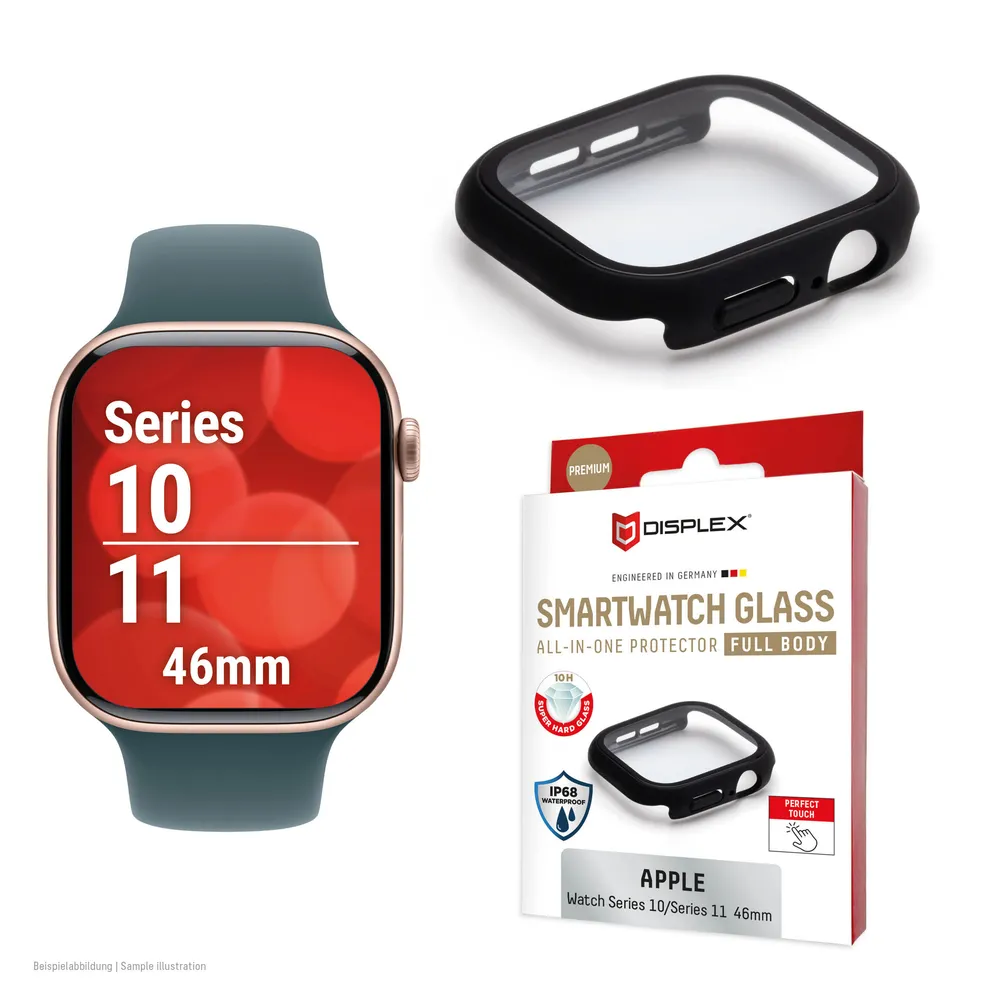 Displex Displayschutzglas Smartwatch Glass All-In-One Protector Full Body für Apple Watch Series 10 46 mm, Apple Watch Series 11 46 mm, Displayschutzfolie, Schutzfolie, Bildschirmschutz, kratz- & stoßfest