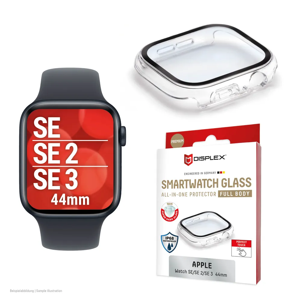 Displex Displayschutzglas Smartwatch Glass All-In-One Protector Full Body für Apple Watch SE 2 44 mm, Apple Watch SE 3 44 mm, Apple Watch SE 44 mm, Displayschutzfolie, Schutzfolie, Bildschirmschutz, kratz- & stoßfest