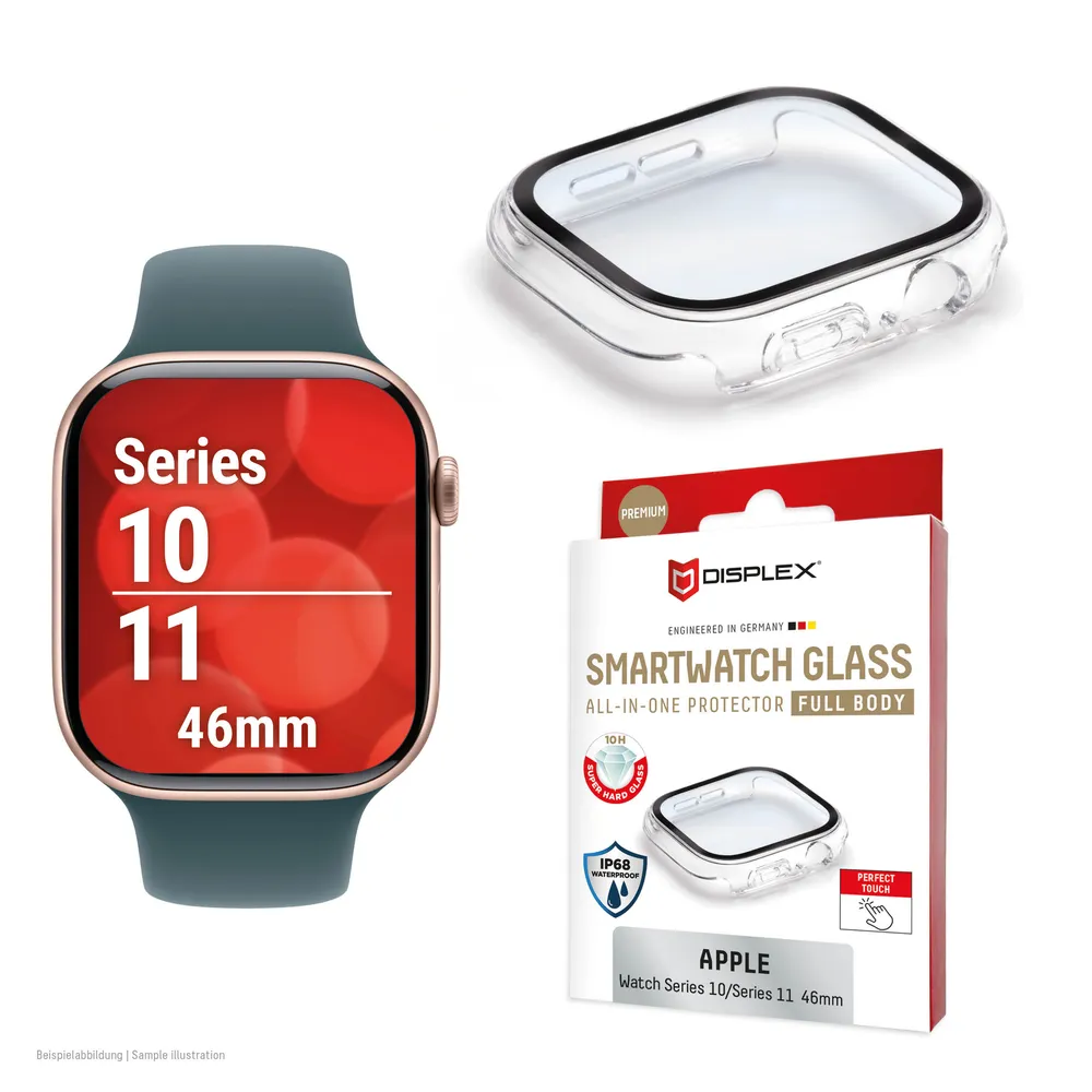 Displex Displayschutzglas Smartwatch Glass All-In-One Protector Full Body für Apple Watch Series 10 46 mm, Apple Watch Series 11 46 mm, Displayschutzfolie, Schutzfolie, Bildschirmschutz, kratz- & stoßfest