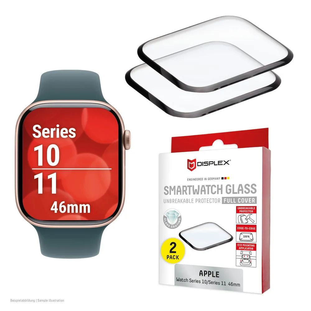Displex Displayschutzglas Smartwatch Glass Unbreakable Protector Full Cover für Apple Watch Series 10 46 mm, Apple Watch Series 11 46 mm, Packung, Displayschutzfolie, Schutzfolie, Bildschirmschutz, kratz- & stoßfest