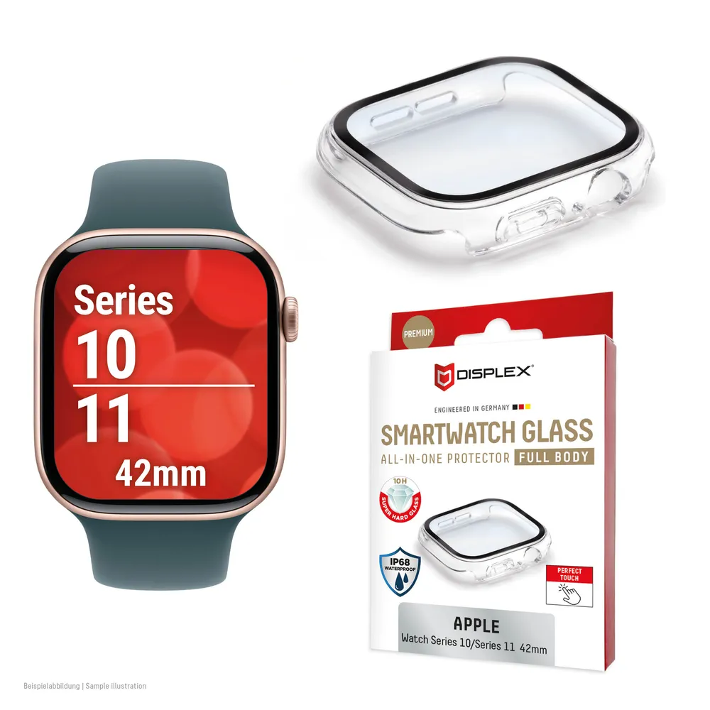 Displex Displayschutzglas Smartwatch Glass All-In-One Protector Full Body für Apple Watch Series 10 42 mm, Apple Watch Series 11 42 mm, Displayschutzfolie, Schutzfolie, Bildschirmschutz, kratz- & stoßfest