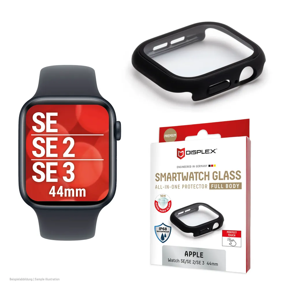 Displex Displayschutzglas Smartwatch Glass All-In-One Protector Full Body für Apple Watch SE 2 44 mm, Apple Watch SE 3 44 mm, Apple Watch SE 44 mm, Displayschutzfolie, Schutzfolie, Bildschirmschutz, kratz- & stoßfest