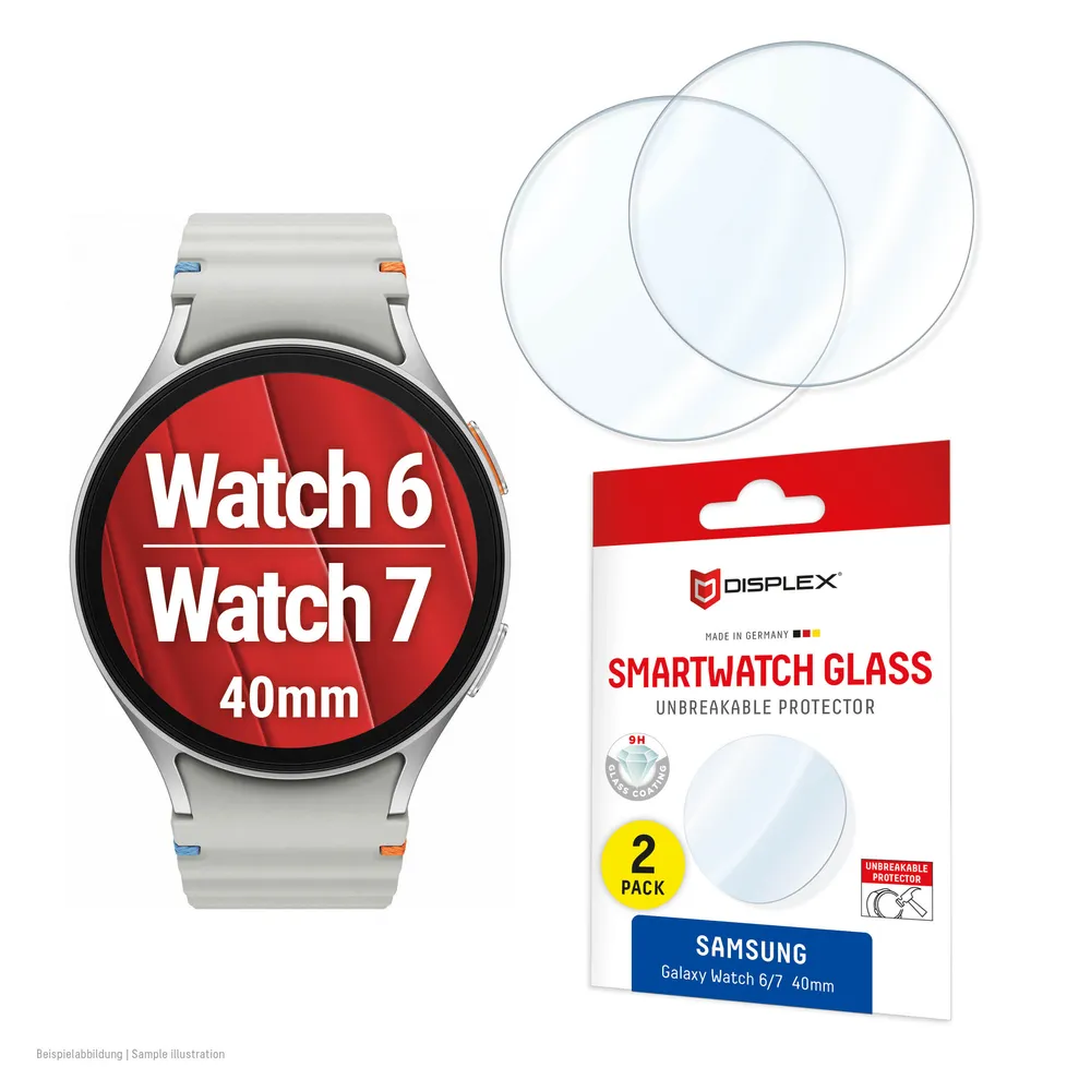 Displex Displayschutzglas Smartwatch Glass Unbreakable Protector für Samsung Galaxy Watch6 40 mm, Samsung Galaxy Watch7 40 mm, Packung, Displayschutzfolie, Schutzfolie, Bildschirmschutz, kratz- & stoßfest