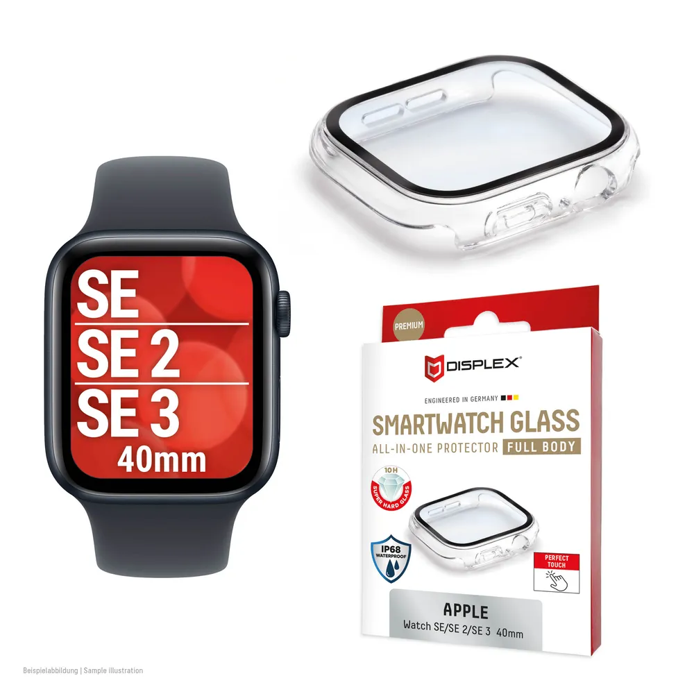 Displex Displayschutzglas Smartwatch Glass All-In-One Protector Full Body für Apple Watch SE 2 40 mm, Apple Watch SE 3 40 mm, Apple Watch SE 40 mm, Displayschutzfolie, Schutzfolie, Bildschirmschutz, kratz- & stoßfest