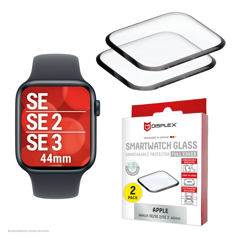 Displex Displayschutzglas Smartwatch Glass Unbreakable Protector Full Cover für Apple Watch SE 2 44 mm, Apple Watch SE 3 44 mm, Apple Watch SE 44 mm, Packung, Displayschutzfolie, Schutzfolie, Bildschirmschutz, kratz- & stoßfest