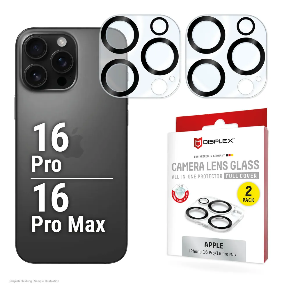 Displex Kameraschutzglas Camera Lens Glass All-In-One Protector Full Cover für Apple iPhone 16 Pro, Apple iPhone 16 Pro Max, Packung, Objektivschutz, Kameraschutz, kratz- & stoßfest