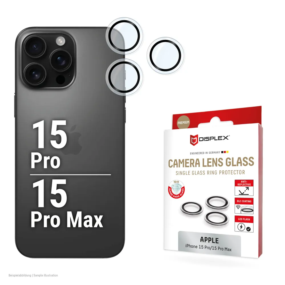 Displex Kameraschutzglas Camera Lens Glass Single Glass Ring Protector für Apple iPhone 15 Pro, Apple iPhone 15 Pro Max, Packung, Objektivschutz, Kameraschutz, kratz- & stoßfest