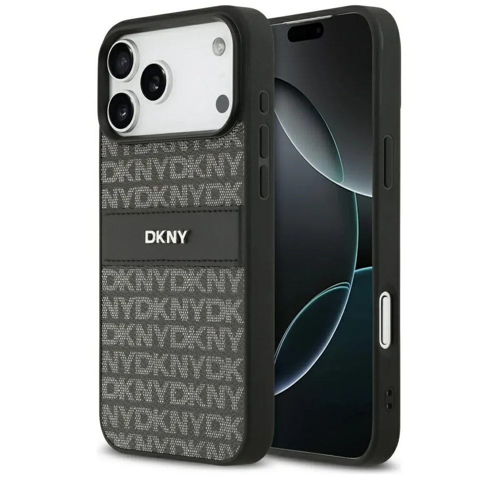 DKNY Handyhülle iPhone 17 Pro Max Kunstleder schwarz Logo Metall silber 6,9 Zoll, Kantenschutz