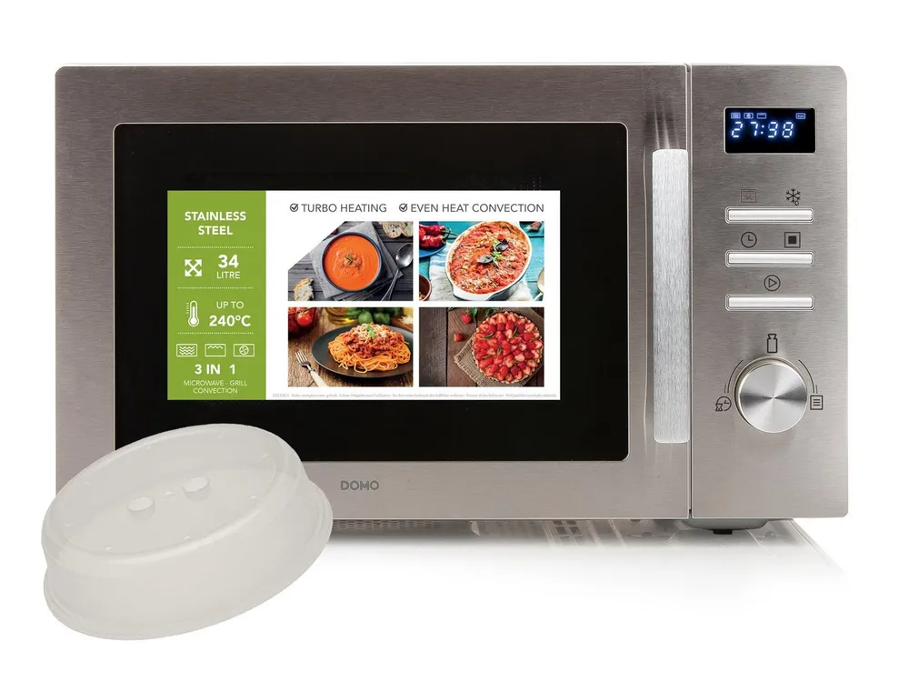 Domo Mikrowelle, Umluft, BBQ Grill, 10 Kochprogramme, Auftaufunktion, 34 l, 3in1 Konvektionsmikrowelle Timer mit Abdeckhaube, Design in Silber