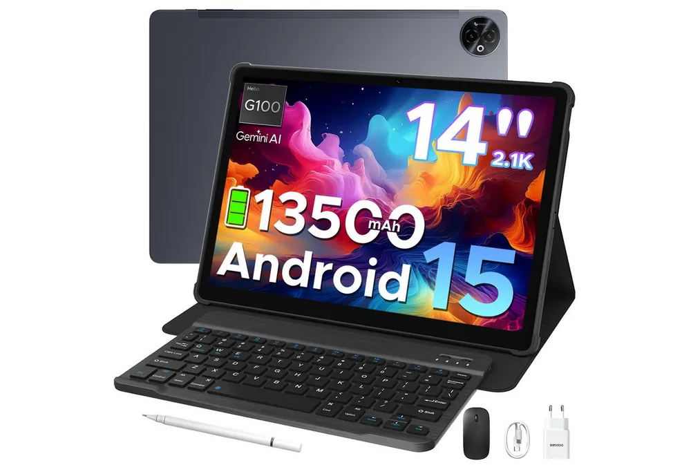 DOOGEE 2026 DOOGEE TabE3Max 14 zoll Tablet mit Tastatur 13500mAh 4G SIM Tablet (14", 256 GB, Android 15, 4G, 13500mAh, 32 GB RAM (8+24 GB)+256GB, Gemini AI, 5G WiFi, Dual 4G LTE)